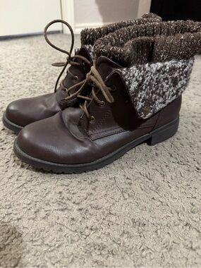 Brown Fold-Over Boots with Knit Cuff